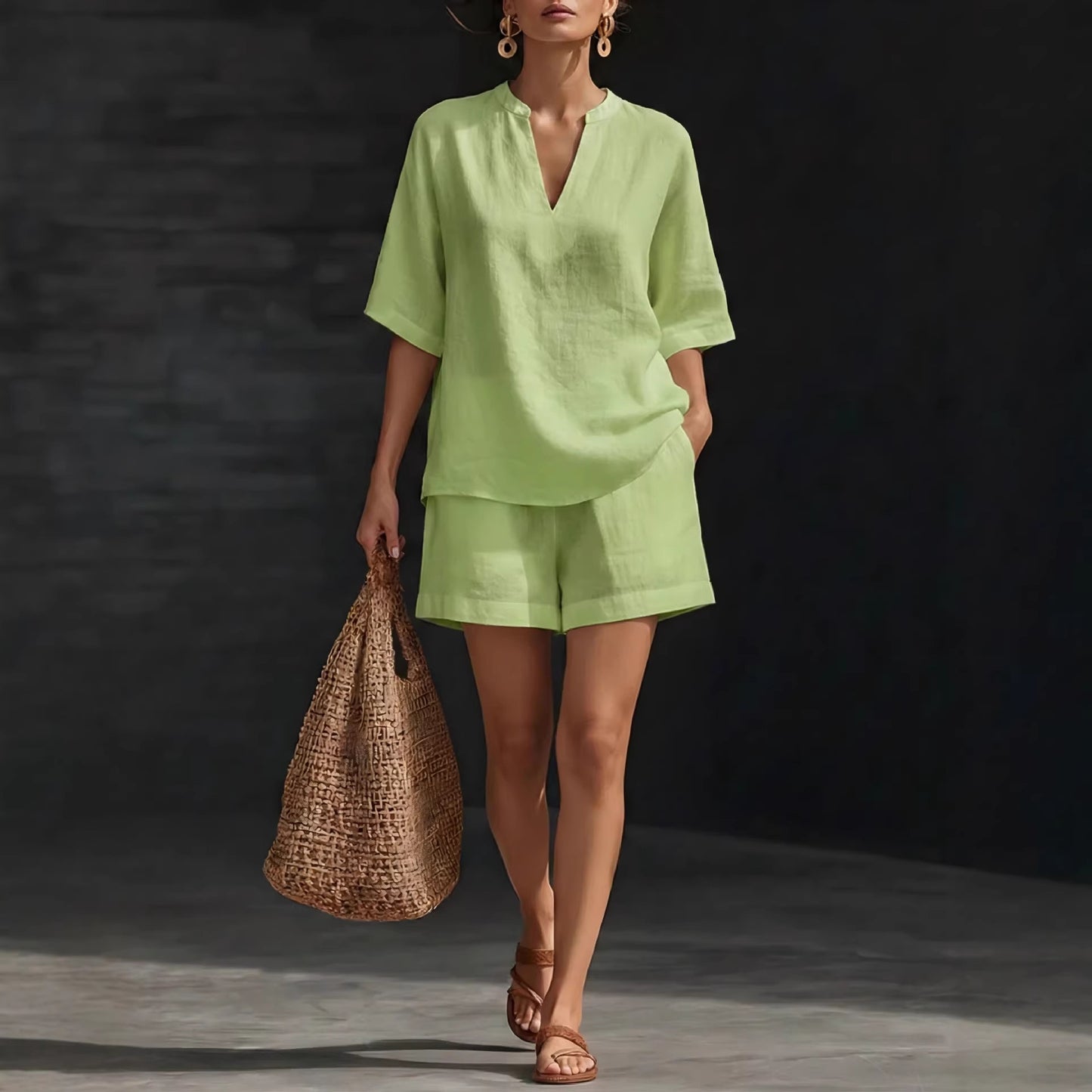 Womens V-Neck Linen Cotton Two-Piece Set