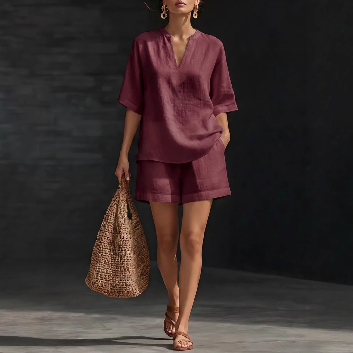 Womens V-Neck Linen Cotton Two-Piece Set